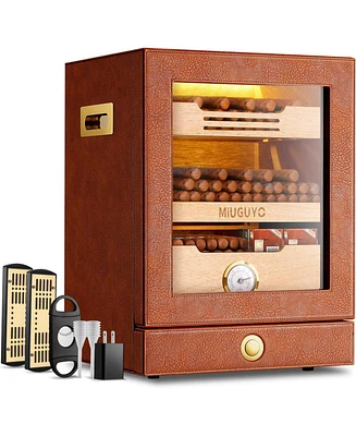 Miuguyo 21L Cigar Humidor,Cigar Humidor Cabinet for 150 Cigars with Spanish Cedar Wood Drawer Shelves, Hygrometer, Infinitely Adjustable Led Tri-Color