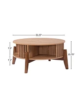 LuxenHome Oak Finish Manufactured Wood 31.5-Inch Round Coffee Table with Rubberwood Legs