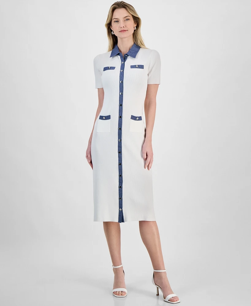 T Tahari Women's Contrast-Trim Button-Front Sweater Dress
