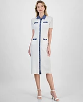 T Tahari Women's Contrast-Trim Button-Front Sweater Dress