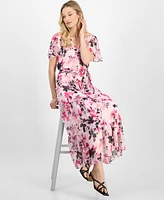 Kasper Women's Floral Chiffon Belted Flutter-Sleeve Dress, Regular and Petite Sizes