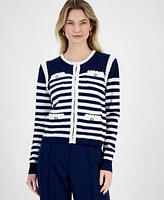 T Tahari Women's Striped Long-Sleeve Cardigan