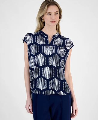 T Tahari Women's Printed Split-Neck Cap-Sleeve Blouse