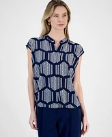 T Tahari Women's Printed Split-Neck Cap-Sleeve Blouse