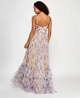 City Studios Juniors' Printed Tulle Ruffle-Hem Gown