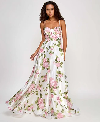 Say Yes Juniors' Rhinestone Floral Corset Sweetheart Gown, Created for Macy's