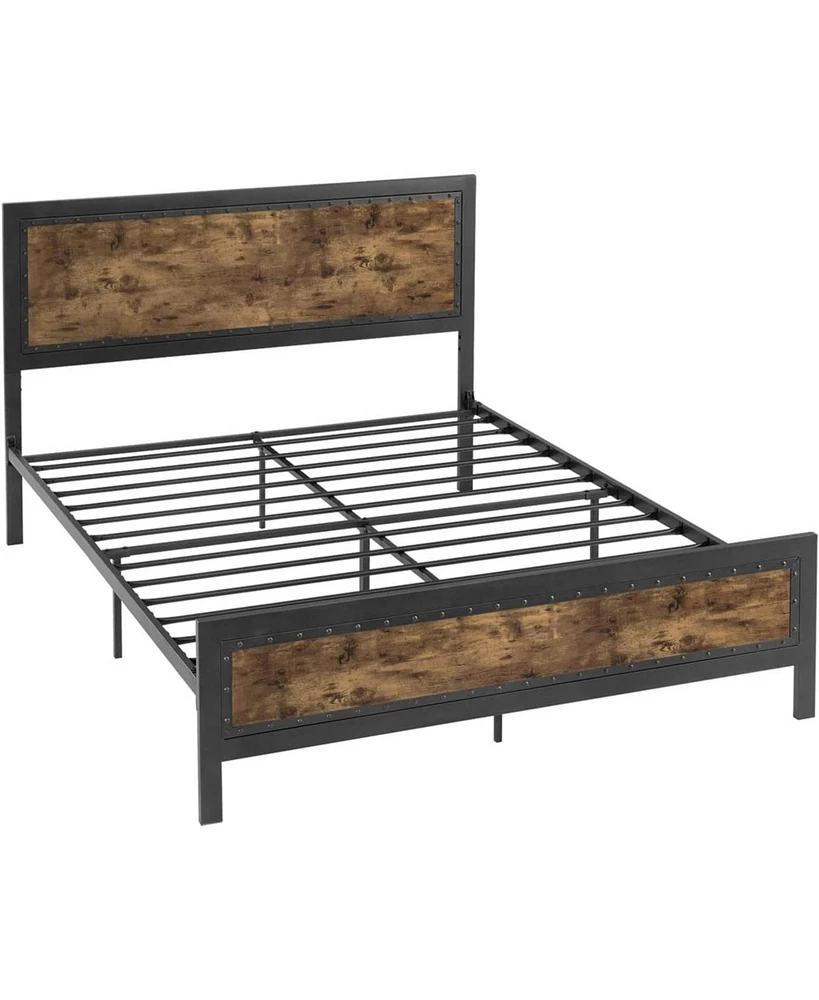 Slickblue Industrial Rivet Platform Bed Frame with Headboard in Wood Finish