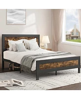 Slickblue Industrial Rivet Platform Bed Frame with Headboard in Wood Finish