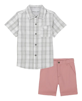Calvin Klein Toddler and Little Boys Plaid Short Sleeve Shirt Twill Shorts, 2-Piece Set