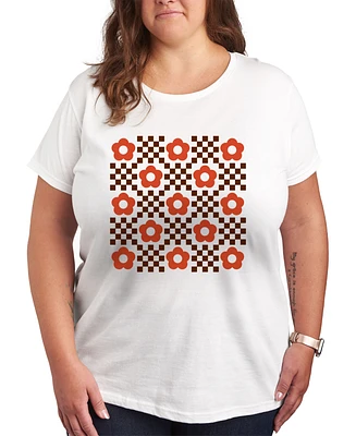 Hybrid Apparel Plus Trendy Checkered Flower Graphic Crew Neck T-Shirt