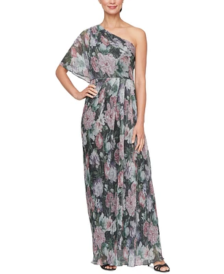 Sl Fashions Women's Asymmetric-Neck Printed A-Line Gown