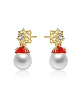 14K Gold Plated with White Pearl & Clear Cubic Zirconia Snowflake and Santa Hat Drop Earrings
