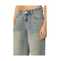 Edikted Women's Rhinestone Low Rise Washed Jeans