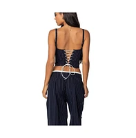 Edikted Womens Pinstripe Peekaboo Drawstring Corset