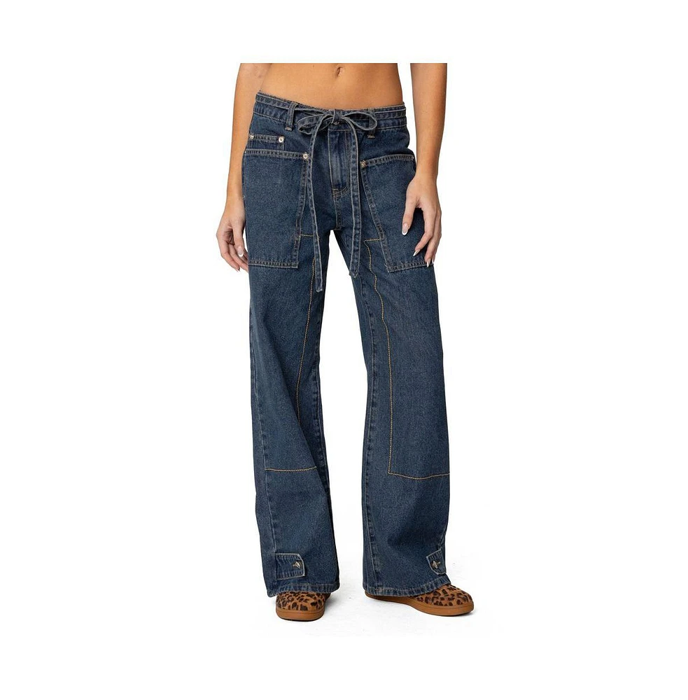 Edikted Womens Funky Stitch Low Rise Jeans