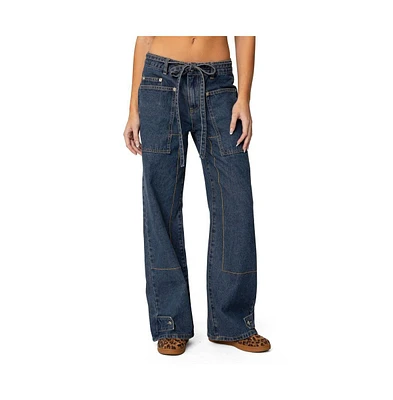 Edikted Womens Funky Stitch Low Rise Jeans