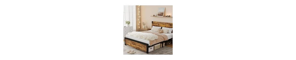 gaomon Full Size Bed Frame with Wood Headboard, Full Platform Bed Frame with Under Bed Storage and Metal Legs, Noise Free, No Box Spring Needed