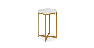 Slickblue Round Cross Leg Design Coffee Side Table Nightstand with Faux Marble Top