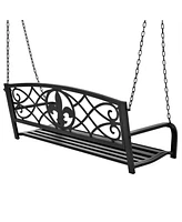 Slickblue Farmhouse 2-Seat Porch Swing Bench with Sturdy Frame and Scroll Accents for Outdoor Relaxation