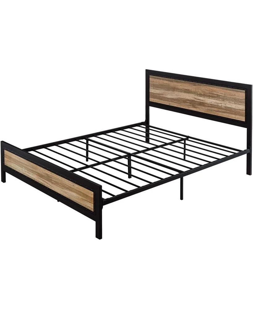 Slickblue Industrial Metal Wood Rivet Platform Bed Frame with Headboard and Footboard