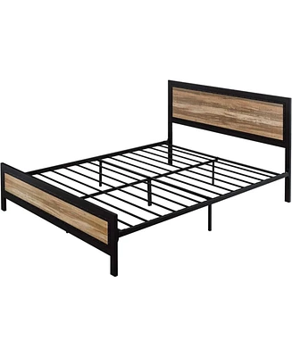 Slickblue Industrial Metal Wood Rivet Platform Bed Frame with Headboard and Footboard