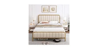 Slickblue Gold Metal Platform Bed Frame with Off-White Upholstered Headboard