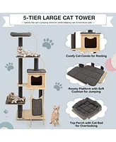 Gymax 69 in Modern Wood Cat Tree 5-Tier Tall Cat Tower w/ Washable Cushions