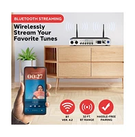 Pyle Uhf 2-Channel Wireless Handheld Microphone System with Bluetooth Receiver, Portable Digital Audio Sound Mixer, White
