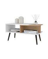 Fm Furniture Hack Berry Coffee Table with Open Storage and Conical Legs , White + Natural Oak