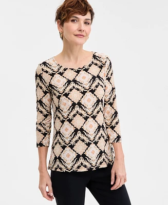 Jm Collection Women's Printed 3/4 Sleeve Scoop-Neck Jacquard Top, Exclusively at Macy's