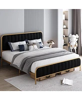 Slickblue Metal Platform Bed Frame with Black Velvet Upholstered Headboard