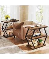 Tribesigns End Table Set of 2, Industrial Side with 3 Storage Shelves, Wood Sofa Geometric Metal Frame, Bedside for Living