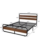 Slickblue Heavy Duty Industrial Modern Metal Wood Platform Bed Frame with Headboard