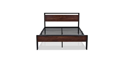 Slickblue Platform Bed Frame with Mahogany Wood Panel Headboard and Footboard for Classic Elegance