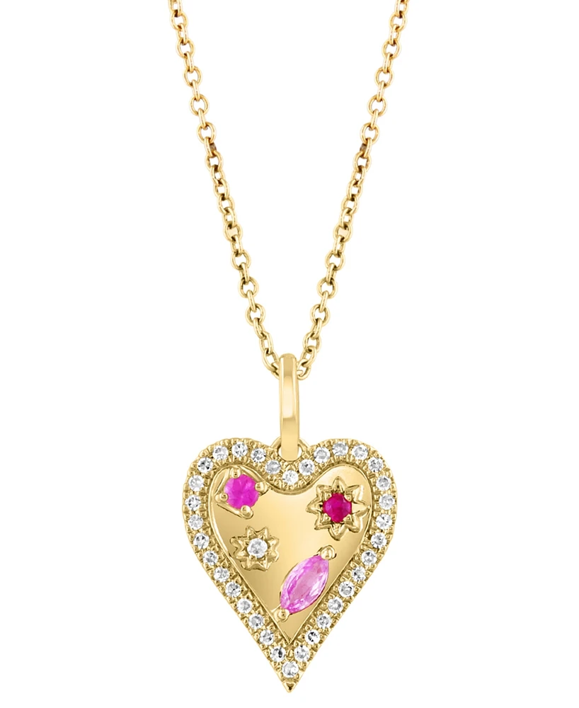 Effy Pink Sapphire (1/8 ct. t.w.), Ruby Accent, & Diamond (1/6 ct. t.w.) Heart Halo 18" Pendant Necklace in 14k Gold