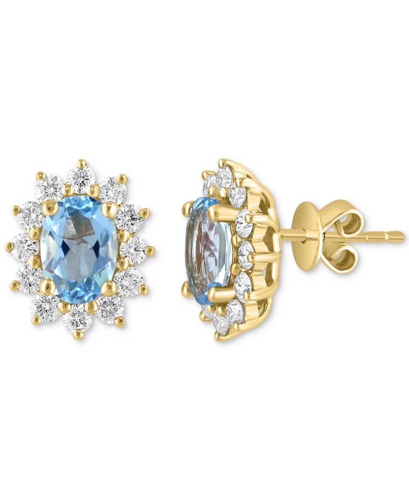 Effy Collection Diamond (5/8 ct. t.w.) & Aquamarine (1 ct. t.w.) Oval Halo Stud Earrings in 14k Gold