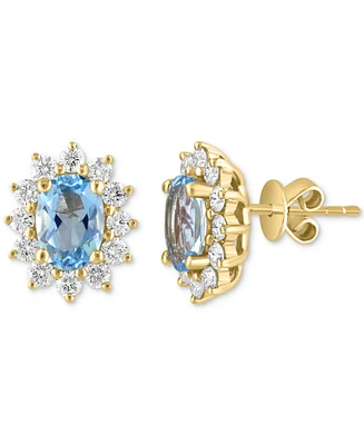 Effy Collection Diamond (5/8 ct. t.w.) & Aquamarine (1 ct. t.w.) Oval Halo Stud Earrings in 14k Gold