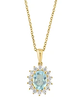 Effy Aquamarine (1 ct. t.w.) & Diamond (1/3 ct. t.w.) Oval Halo 18" Pendant Necklace in 14k Gold