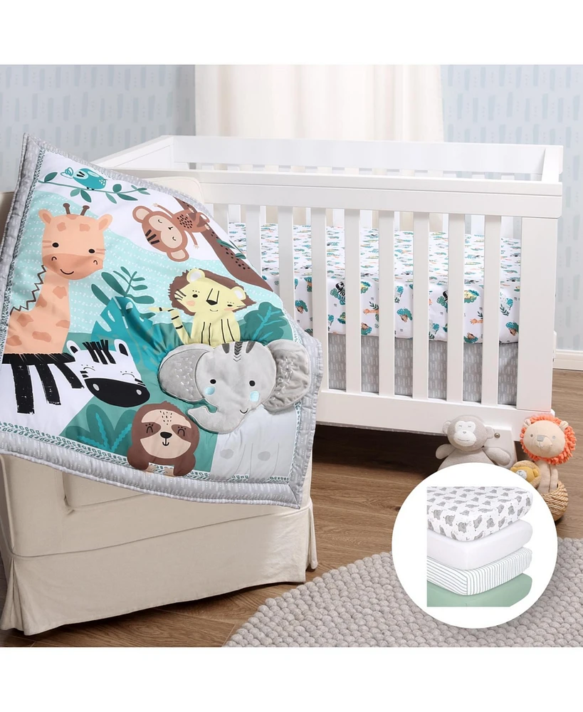 The Peanutshell Safari Adventures 7 Piece Baby Nursery Crib Bedding Set, Quilt, Crib Sheets, Crib Skirt, and Changing Pad Cover