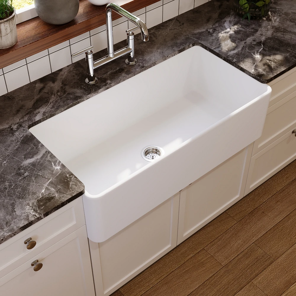 DeerValley 36" L X 18" W Fireclay Rectangular Single Bowl Farmhouse Kitchen Sink with Grid and Strainer