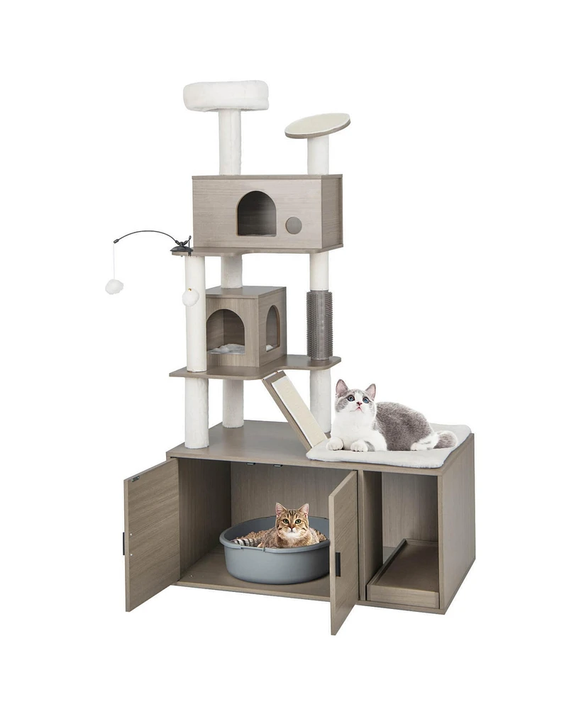 Gymax Cat Tree with Litter Box Enclosure 2-in-1 Modern Cat Tower with Double Condos