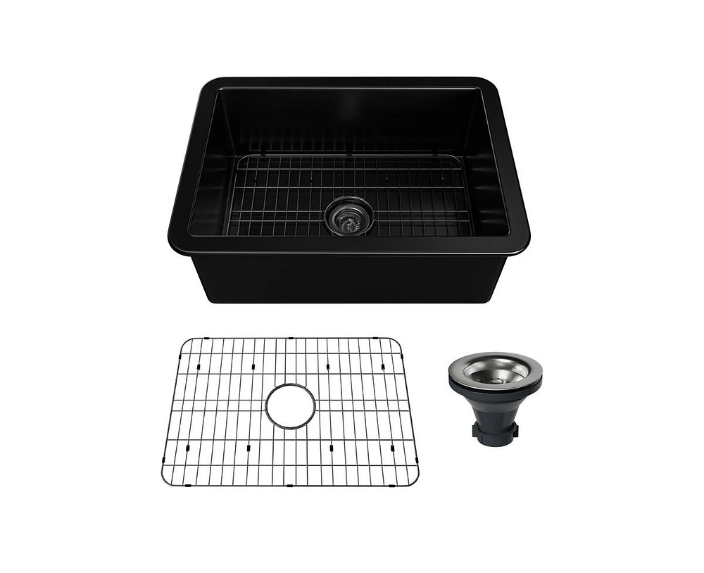 Casainc 27" L x 19" W Undermount Single Bowl Fireclay Farmhouse Kitchen Sink with Grid, Drain Assembly