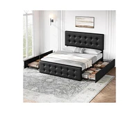 gaomon Queen Size Bed Frame with 4 Storage Drawers and Headboard, Faux Leather Upholstered Platform Bed Frame with Wooden Slats Support, Button Tufted