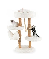 Gymax 34'' Tall Wooden Cat Tree Solid Wood Cat Tower with Jute Scratching Posts