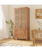 gaomon Kitchen Pantry Storage Cabinet,64.1Inch Tall Storage Cabinet with Rattan Doors and 2 Drawers, Pantry Cabinet with Adjustable Shelf, Utility Pan