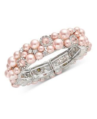 Charter Club Silver-Tone Pink Imitation Pearl & Crystal Stretch Bracelet, Exclusively at Macy's