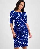 Connected Petite Printed Short-Sleeve Faux-Wrap Sheath Dress