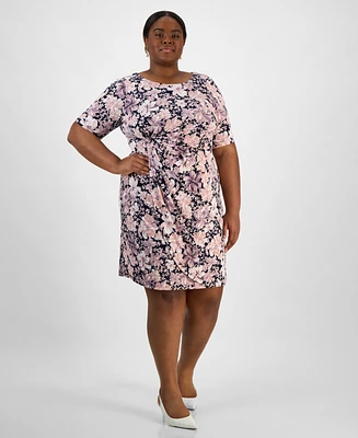 Connected Plus Floral-Print Gathered-Waist Dress