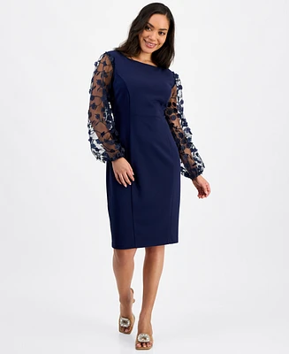 Connected Petite Sheer-Sleeve Applique Sheath Dress