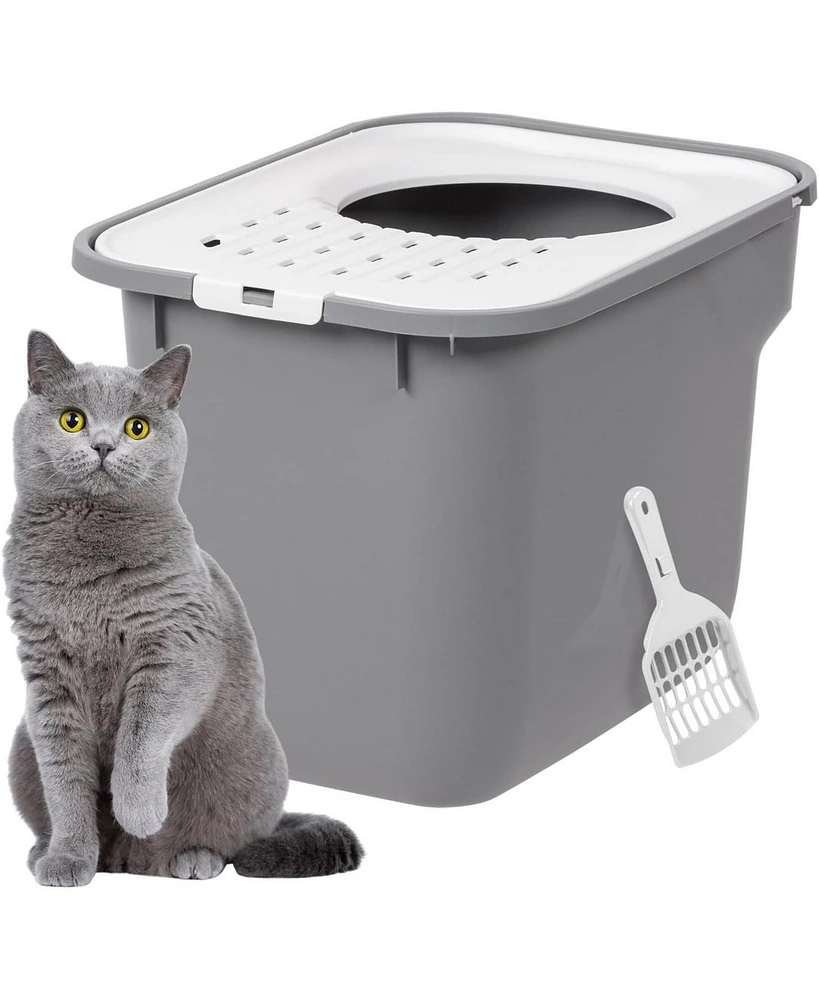 Iris Usa Square Top Entry Cat Litter Box with Scoop, Gray/White